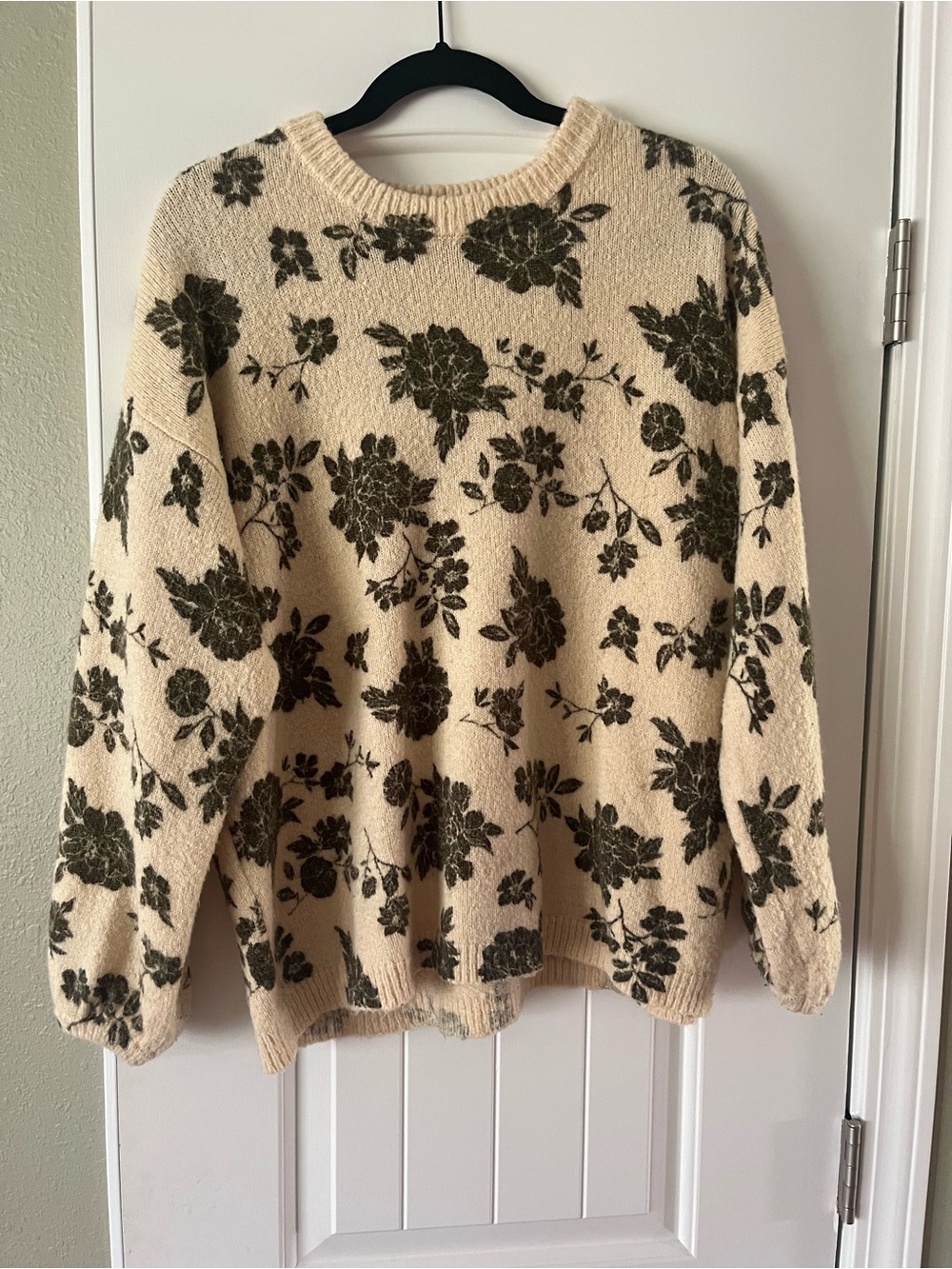Altar'd State Cream Crewneck Sweater with Olive Floral Print - Size Medium